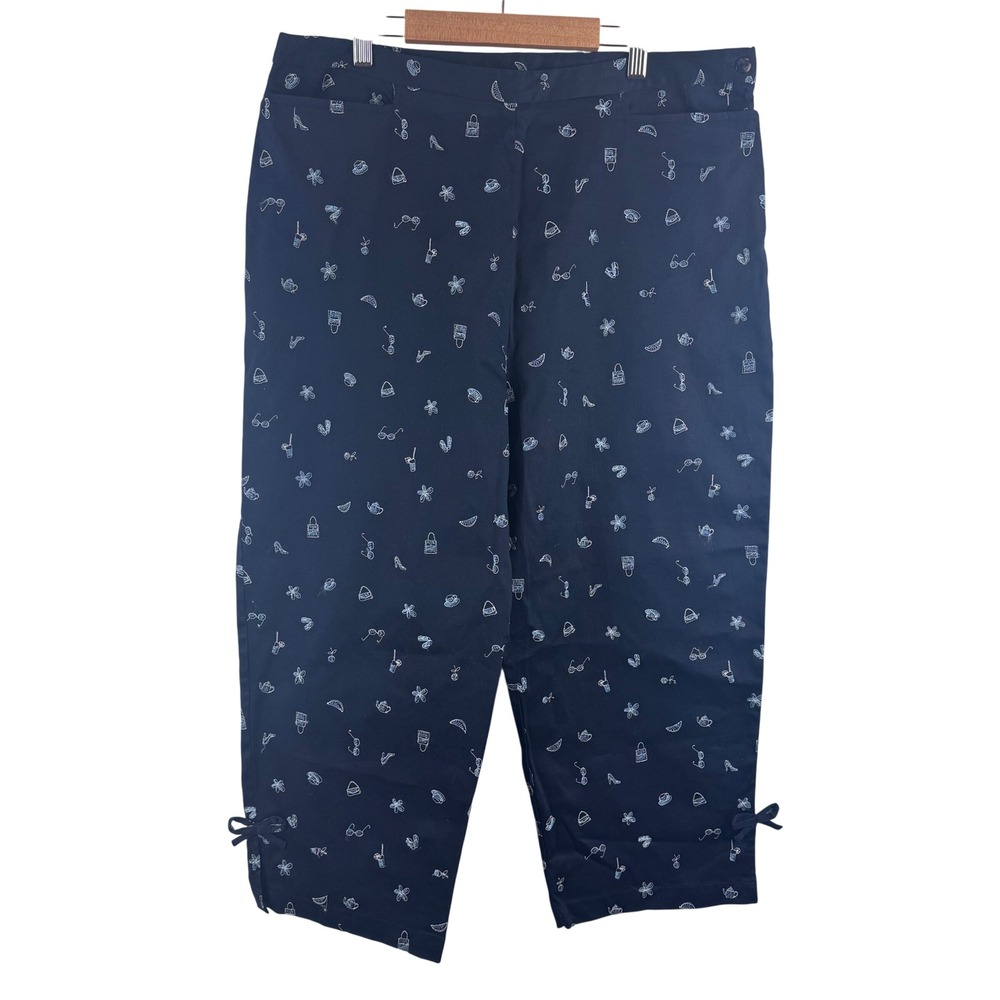 Dressbarn Cropped Pants Women 14 Navy Blue Embroidered Novelty Print Bow Hem